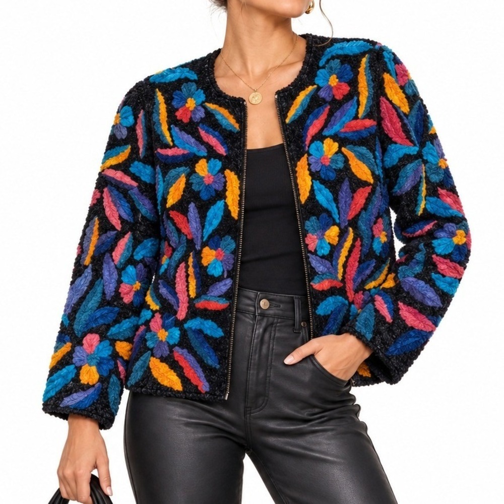 Michael Edwards Jacket Women M Black Multi Silk Ribbon Work Beaded Floral Vtg